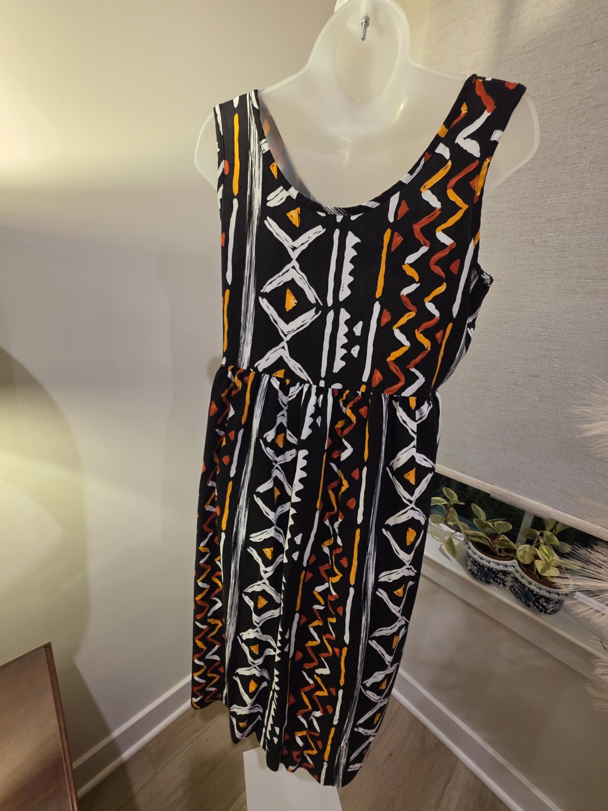 Midi Sun Dress Black Orange White Geometric Print Sleeveless M VTG