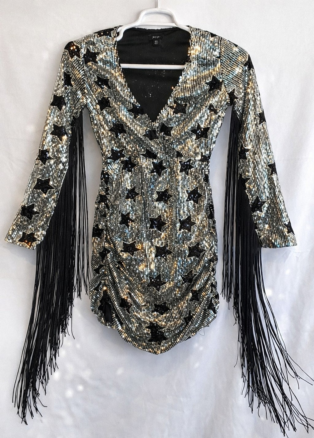 Nasty Gal V-neck Star Sequined Fringe body con long Sleeve Mini Dress Size 0