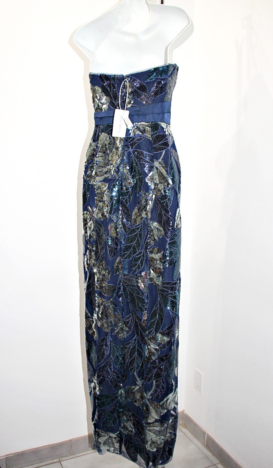 Marchesa Notte Navy & Silver Sequin Mikado Bow Gown With Deep Slit sz 6 $995