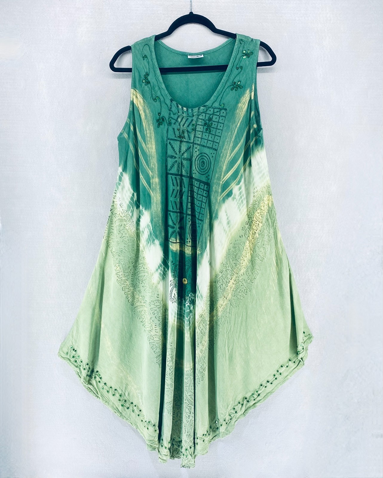 Vintage y2k Hippie Dress Womens L Green Tie Dye Floral Embroidered Midi Artisan
