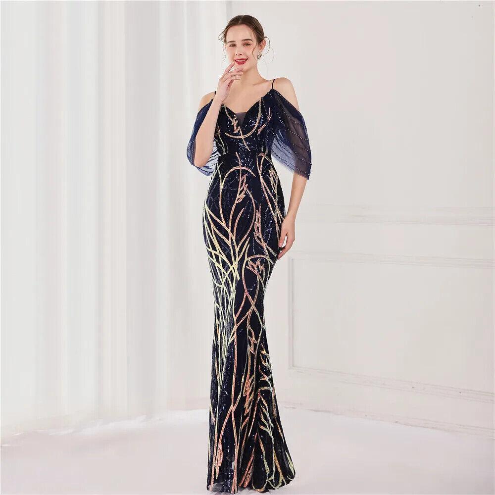 Women Performance Mesh Green Elegant Beading Evening Sequin Maxi Long Prom Dress