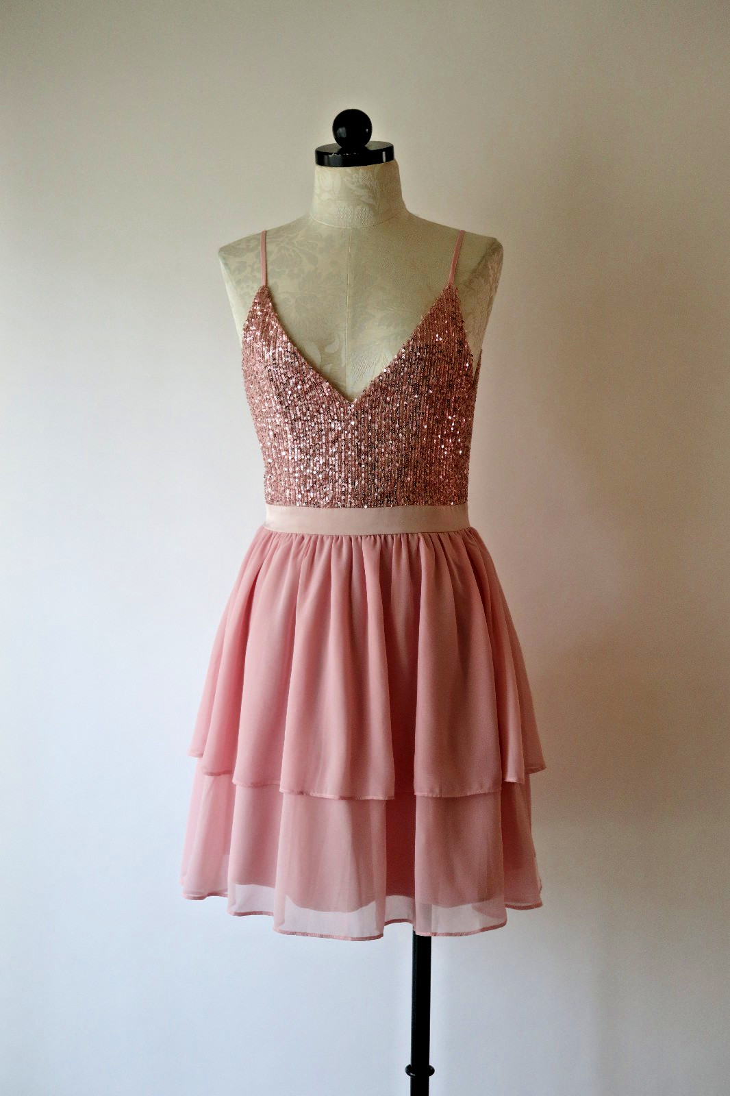 Storia Pink Metallic Sparkle Sequin Chiffon Ruffled Babydoll Mini Dress Women S