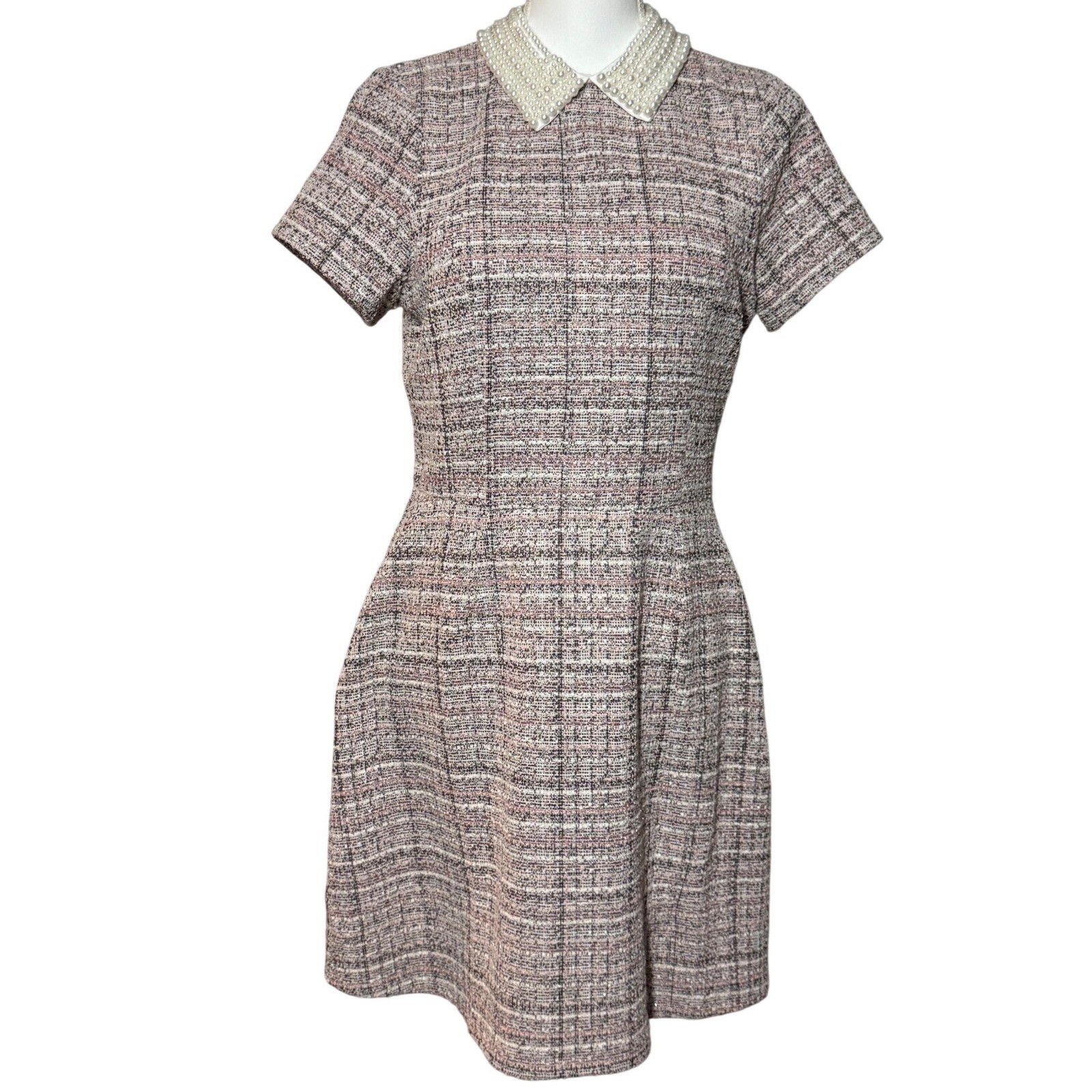 Francesca’s Tweed Pearl Collar Mini Dress L Pink Grey Wool Blend Short Sleeve