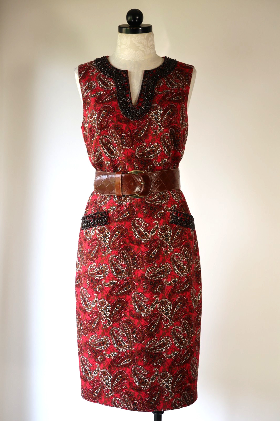 Brooks Brothers Red Brown Cotton Beaded Sleeveless Sheath Pencil Dress Women 10