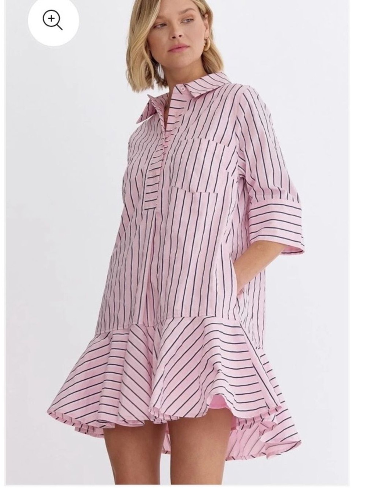Entro Pink White and Navy Parker Striped Ruffle-Hem Mini Shirt Dress Size S