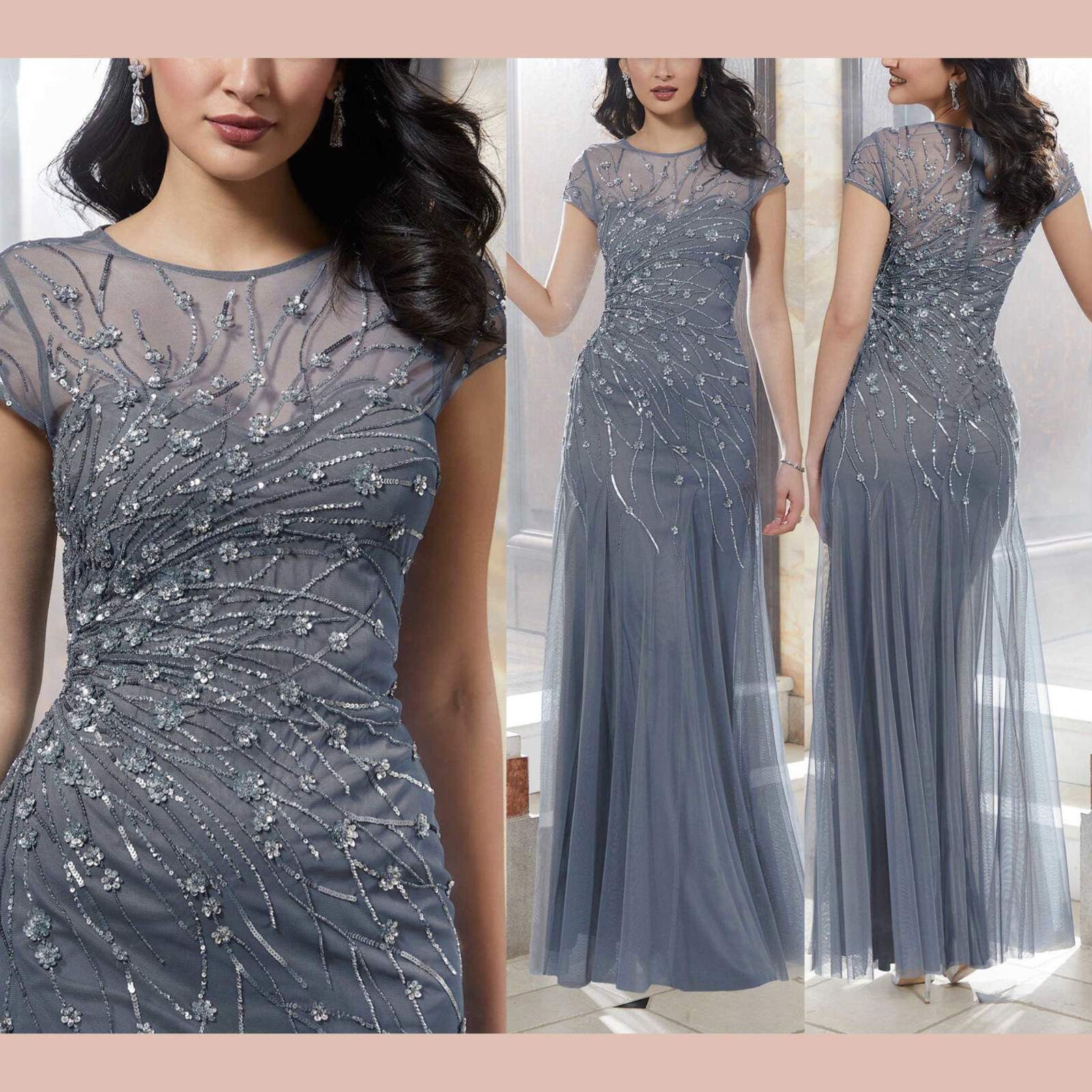 NWT MGNY Mori Lee [ 8 ] 72614 Floral Beadwork Illusion Neckline Gown Slate J2352