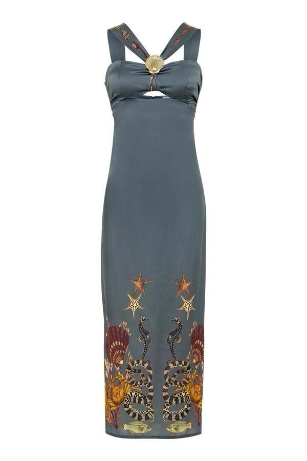Carolina K Silk Halter Maxi Dress Light Teal Reef Coral Print Size S