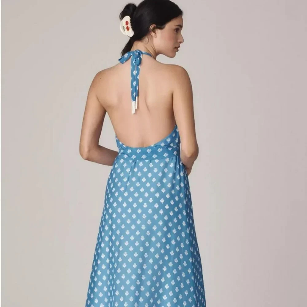 Anthropologie Rachel Antonoff Rainey Halter Maxi Dress Jam Jars Blue Size XS NWT