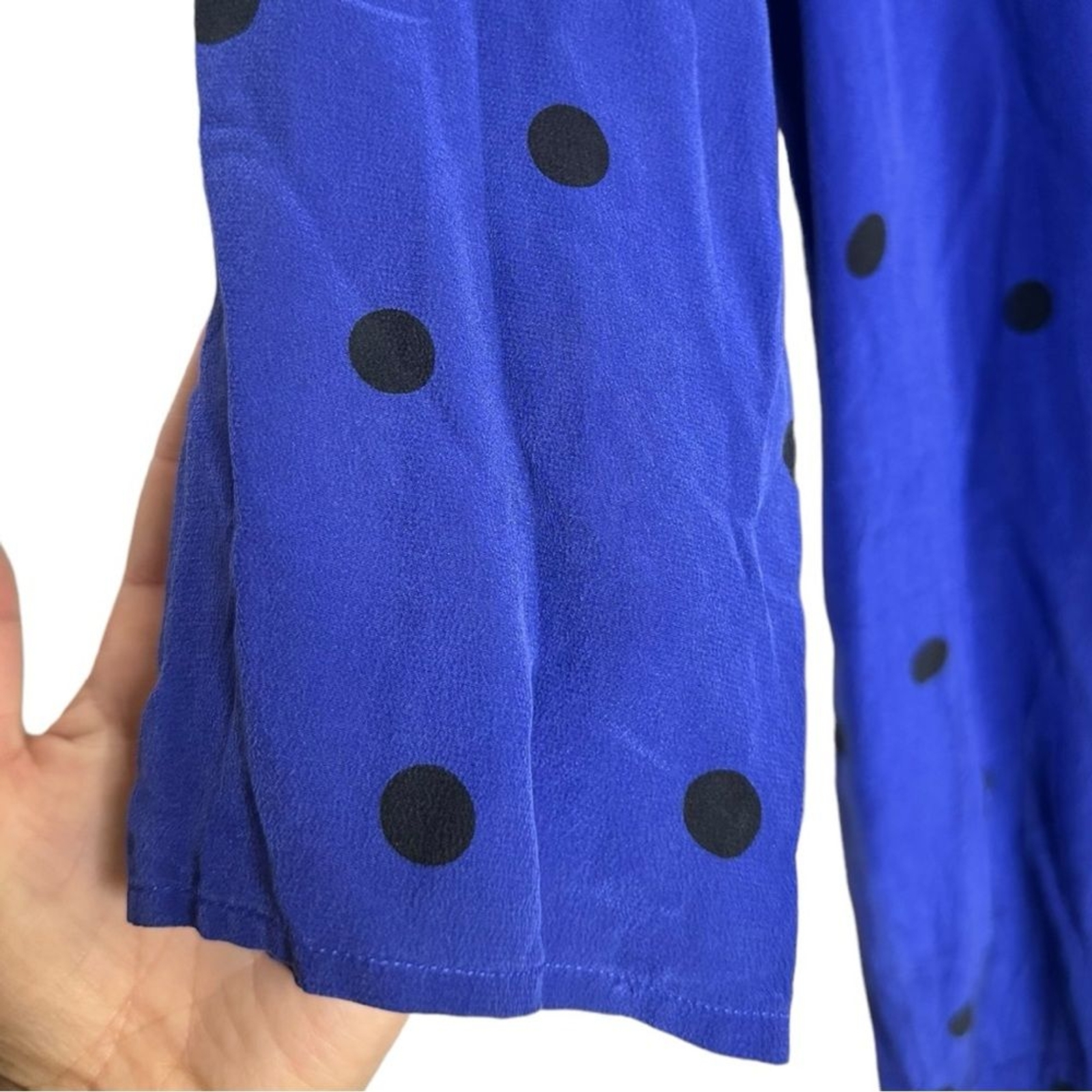 Ali Golden 100% Silk Blue Black Polka Dot 3/4 Sleeve Flowy Dress Size S/M