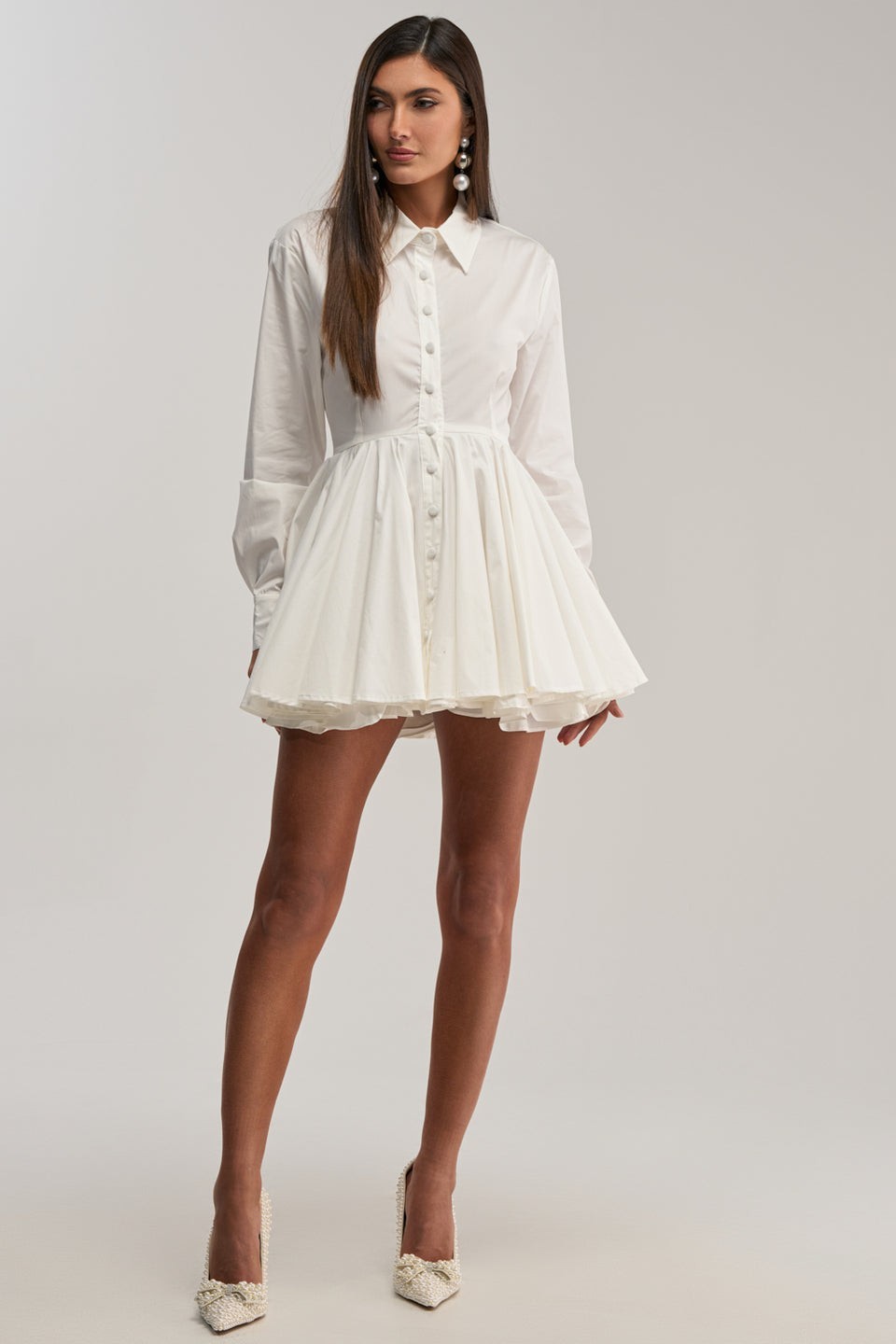 Akira IT GIRL White Flare Button-Front Poplin Mini Shirt Dress