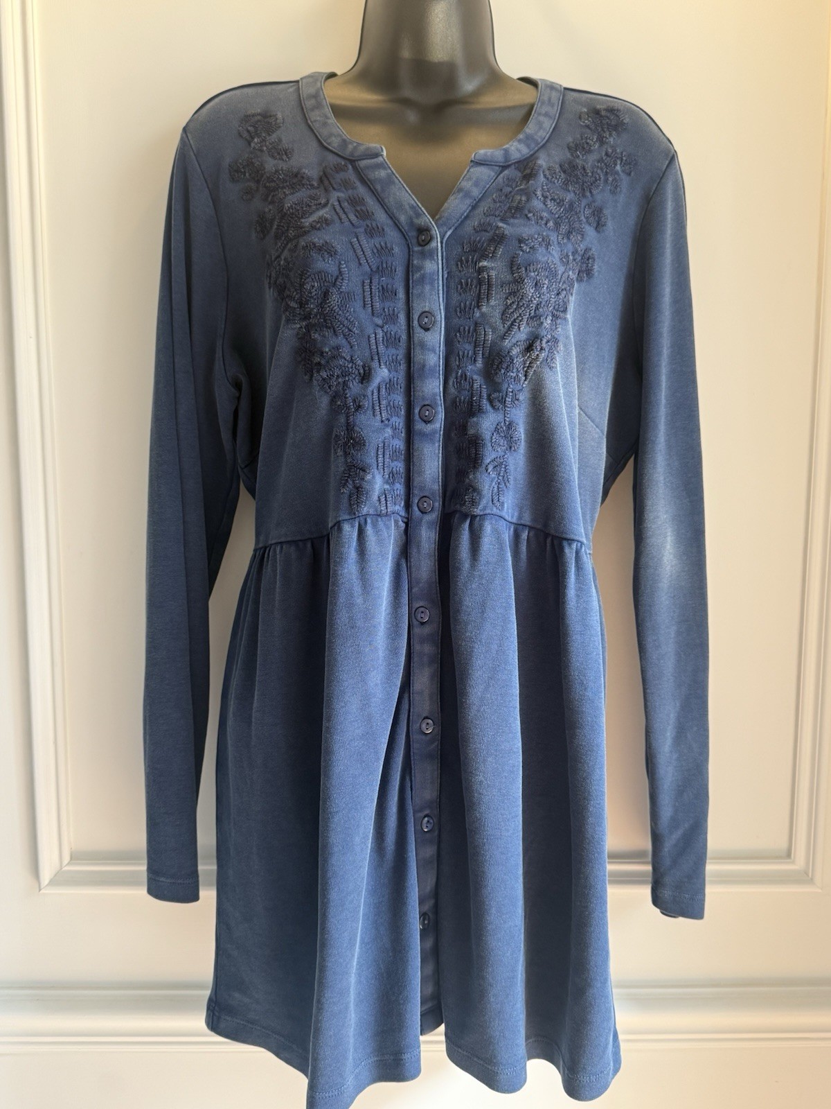 Joe Browns Blue Embroidered Button Front Jersey Dress Boho UK 16 Long Sleeve