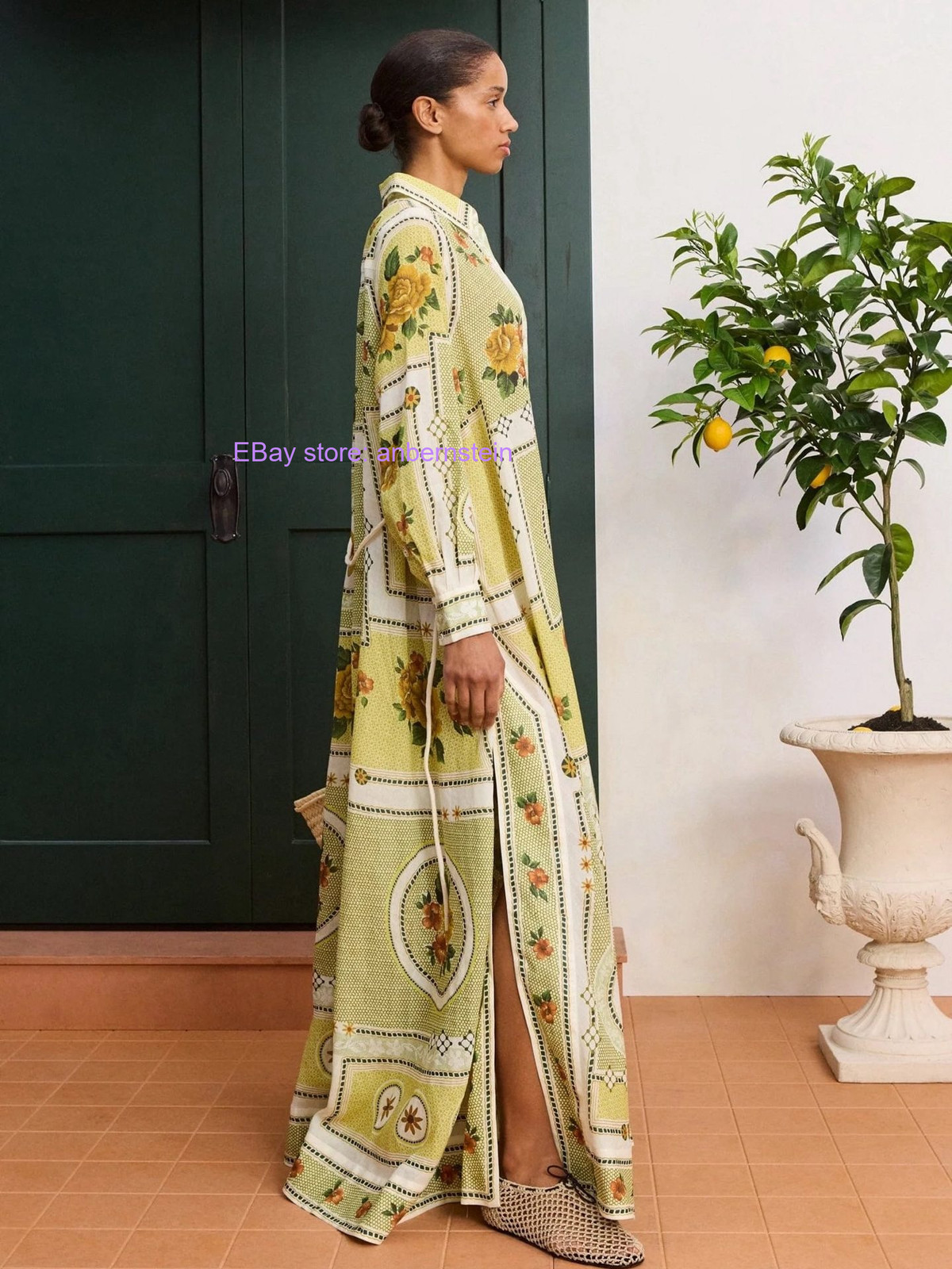 Maxi Dresses ALE~ ramie printed lace-up waist dress 2026 summer casual dress