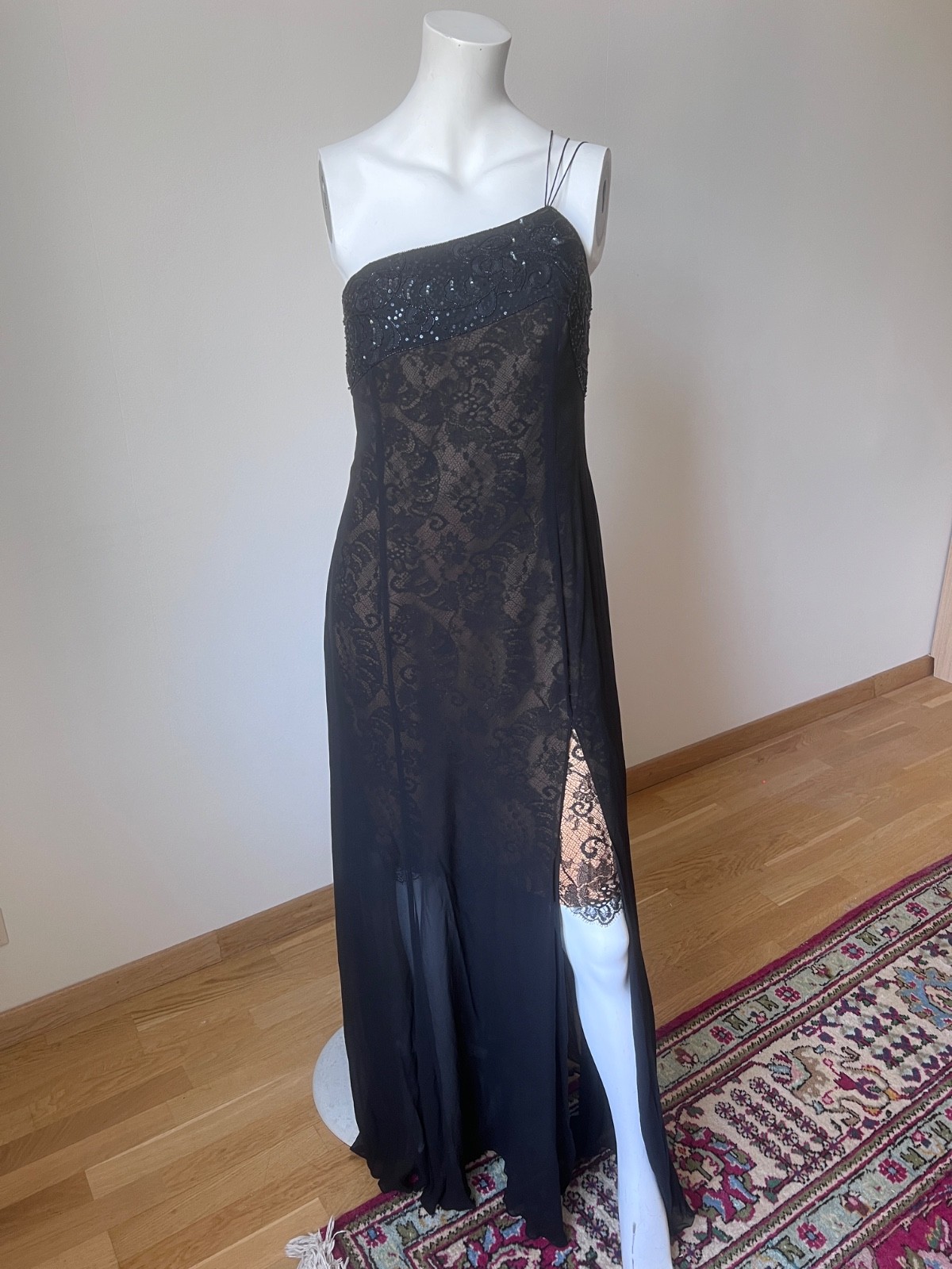 Vintage Silk Maxi Escada One Shoulder Gown with Lace underdress sz L