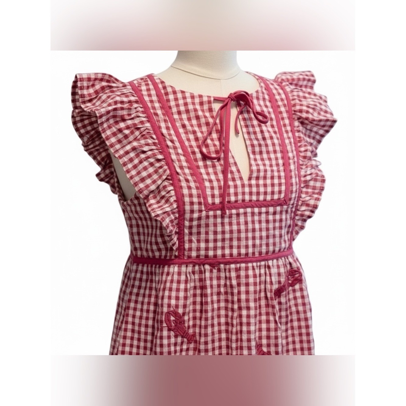 NWT Vineyard Vines Lobster Gingham Ruffle Dress XXS Red Cape Cod Coastal