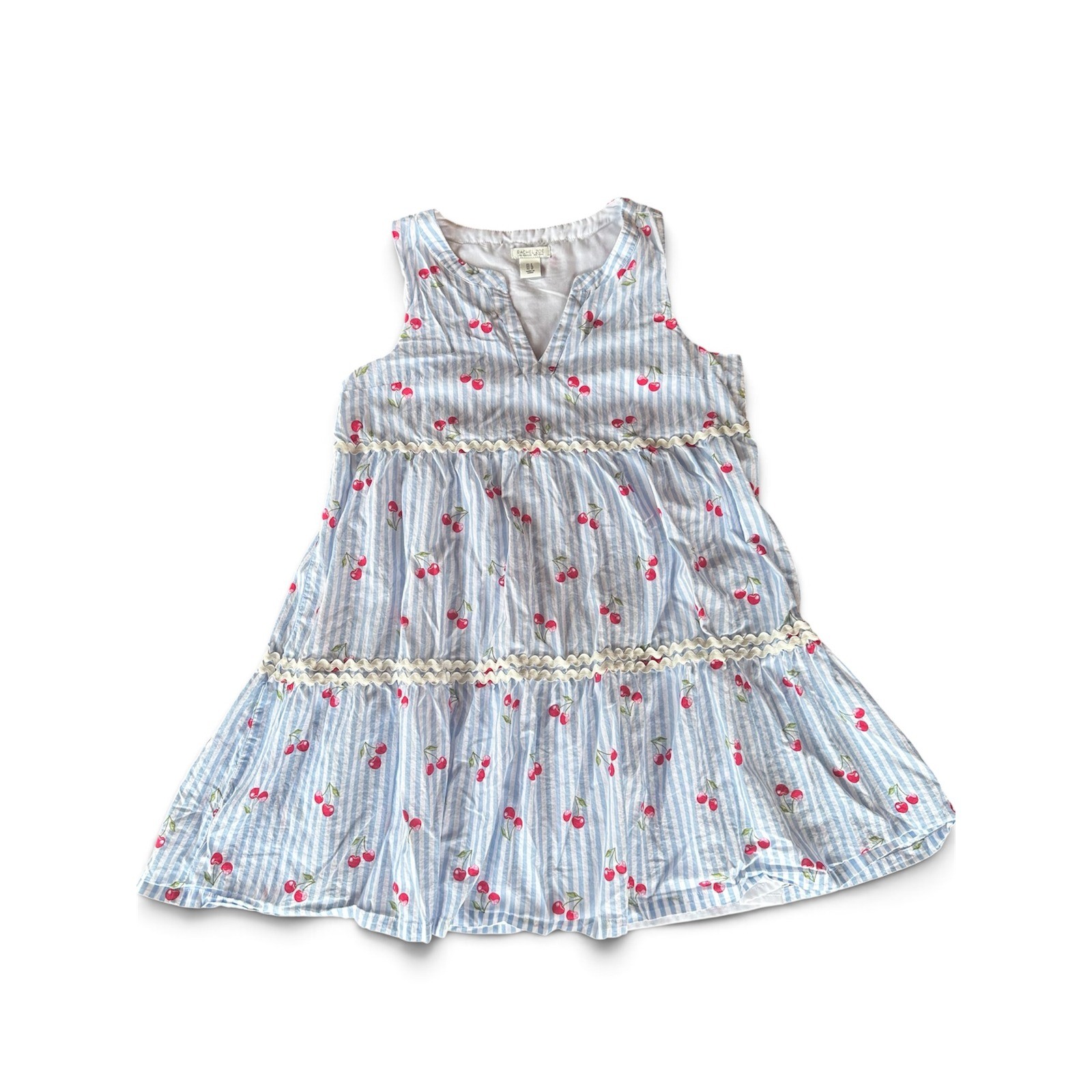 Rachel Zoe Blue White Striped Cherry Print Tiered Ric-Rac Mini Dress Womens 6