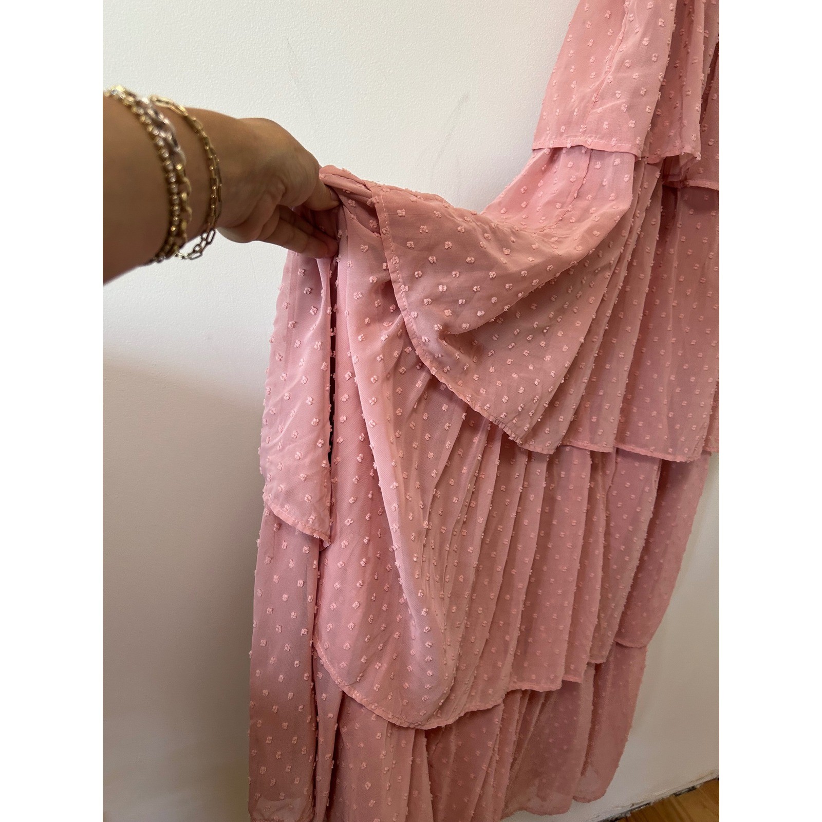 Lulus Dusty Rose Swiss Dot Tiered Maxi Dress Pleated V-Neck Pink Size L