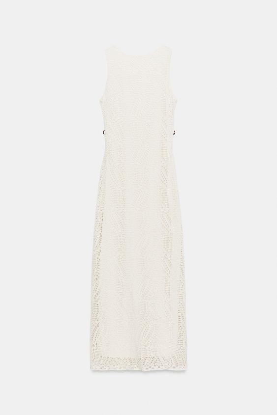 ZARA CROCHET TRIM MIDI SLEEVELESS BEADS SLIT OYSTER WHITE DRESS sz XS 0387/068