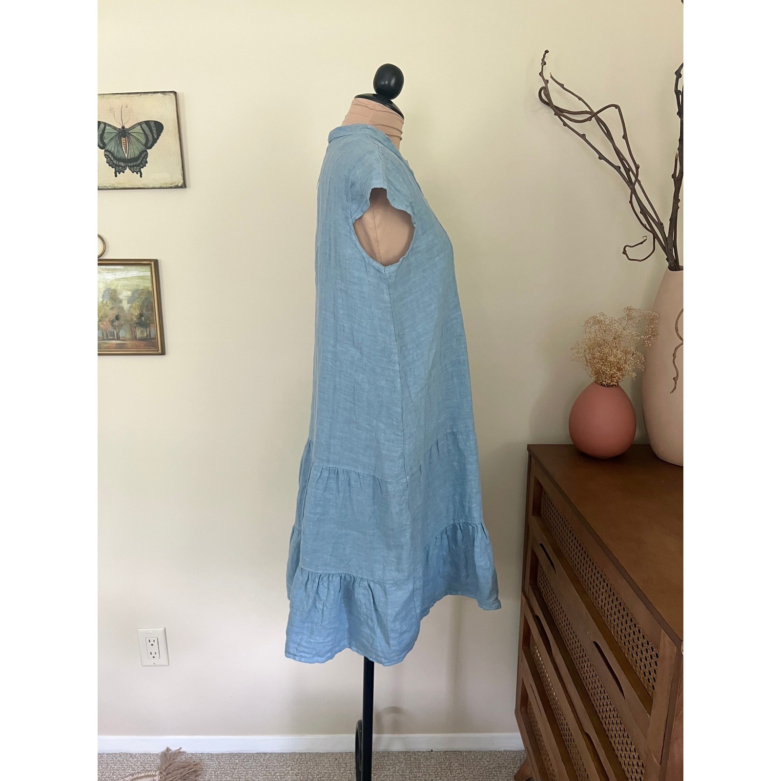 Francesca Bettini Blue Linen Ruffle Dress