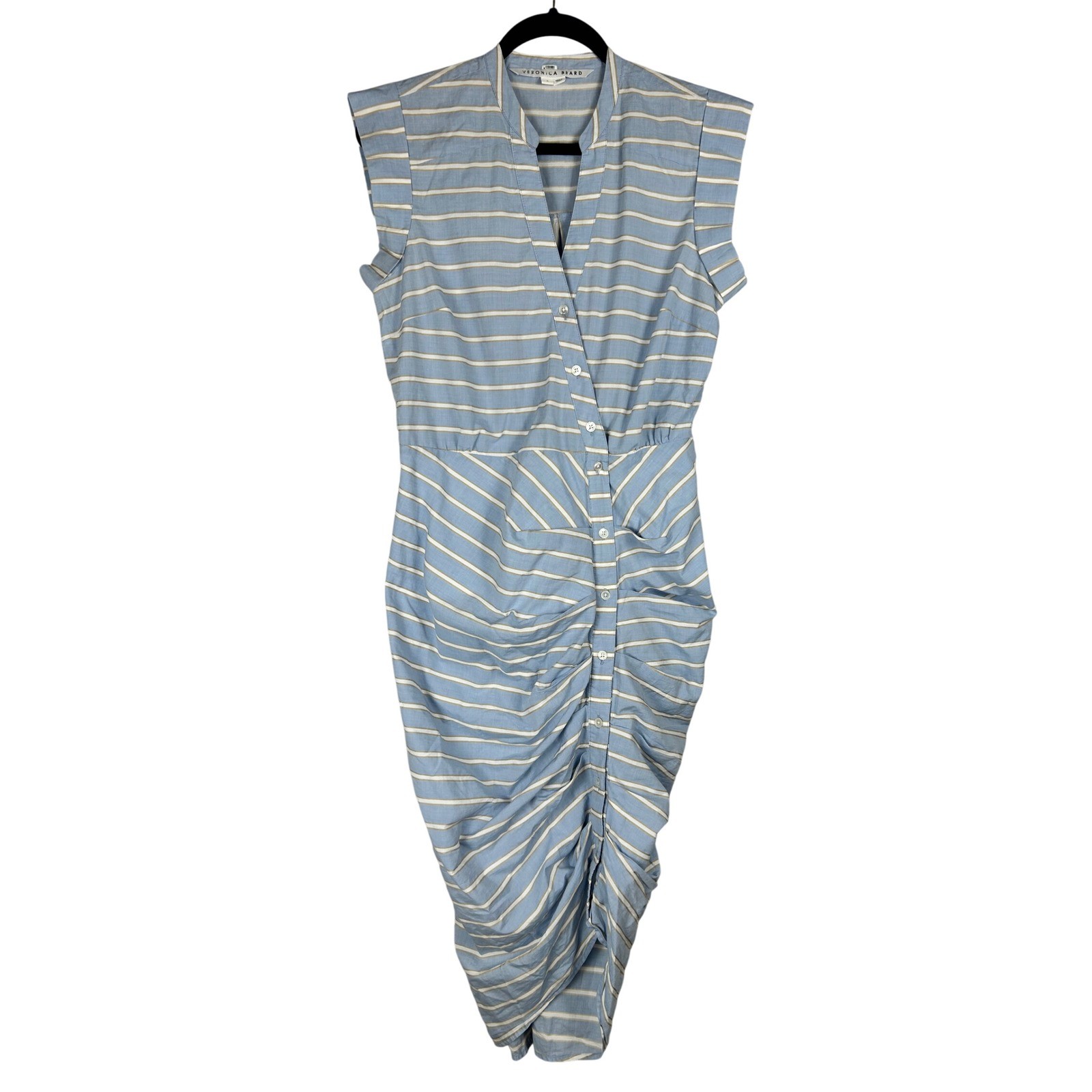 Veronica Beard Blue White Striped Ruched Button Front Sleeveless Midi Dress 6