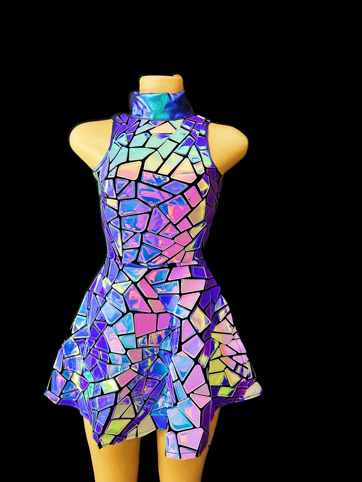 Purple Blue Laser Mirror Sequins Sleeveless Short Dress Women Singer Dancer