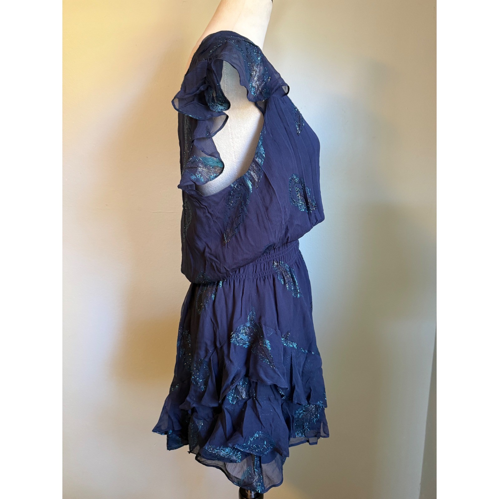Ramy Brook Navy Blue Metallic Feather Silk Ruffle Mini Dress M boho whimsidainty