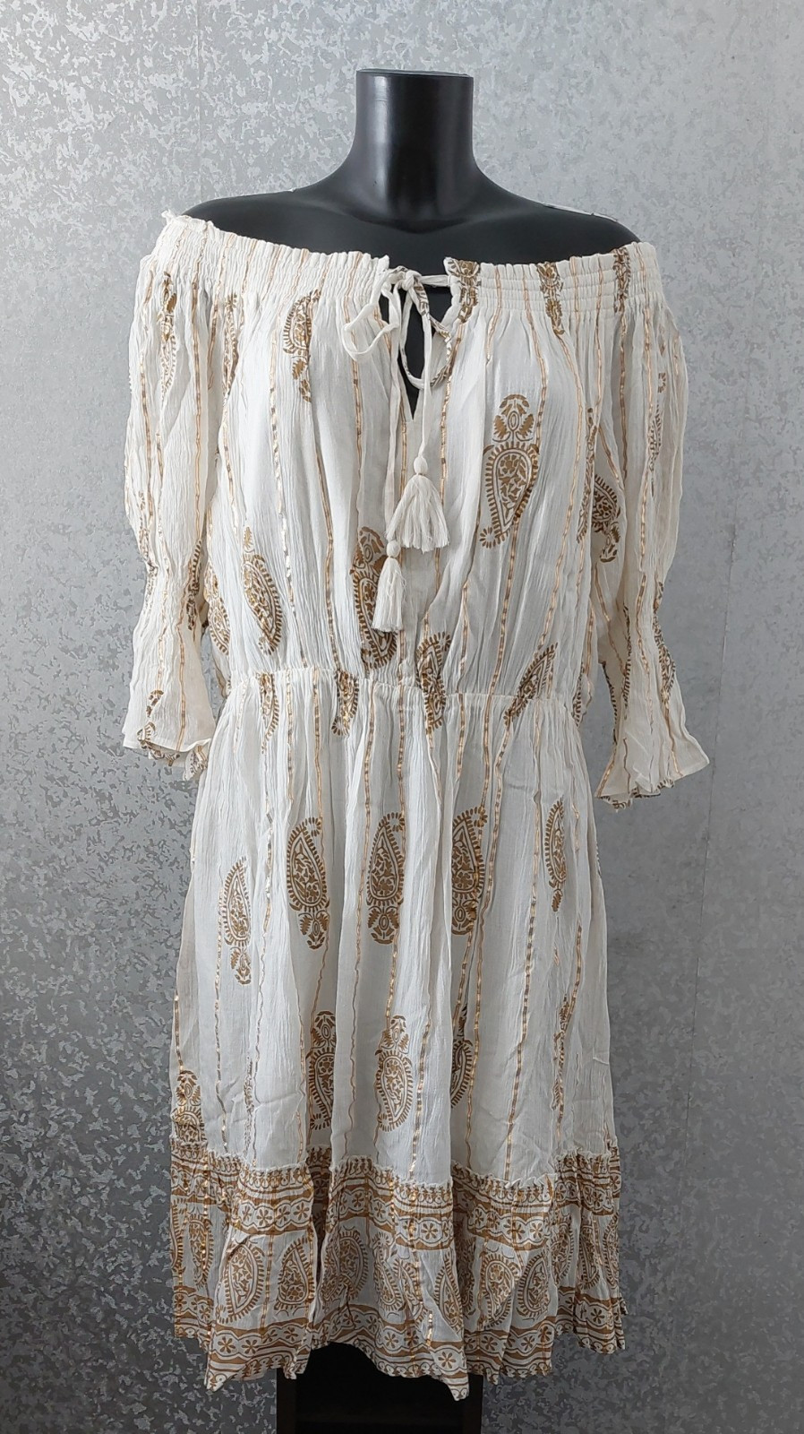 Izabel London Metallic Dress Ikat Print Knee Length Bardot Dress Cream UK16 BNWT