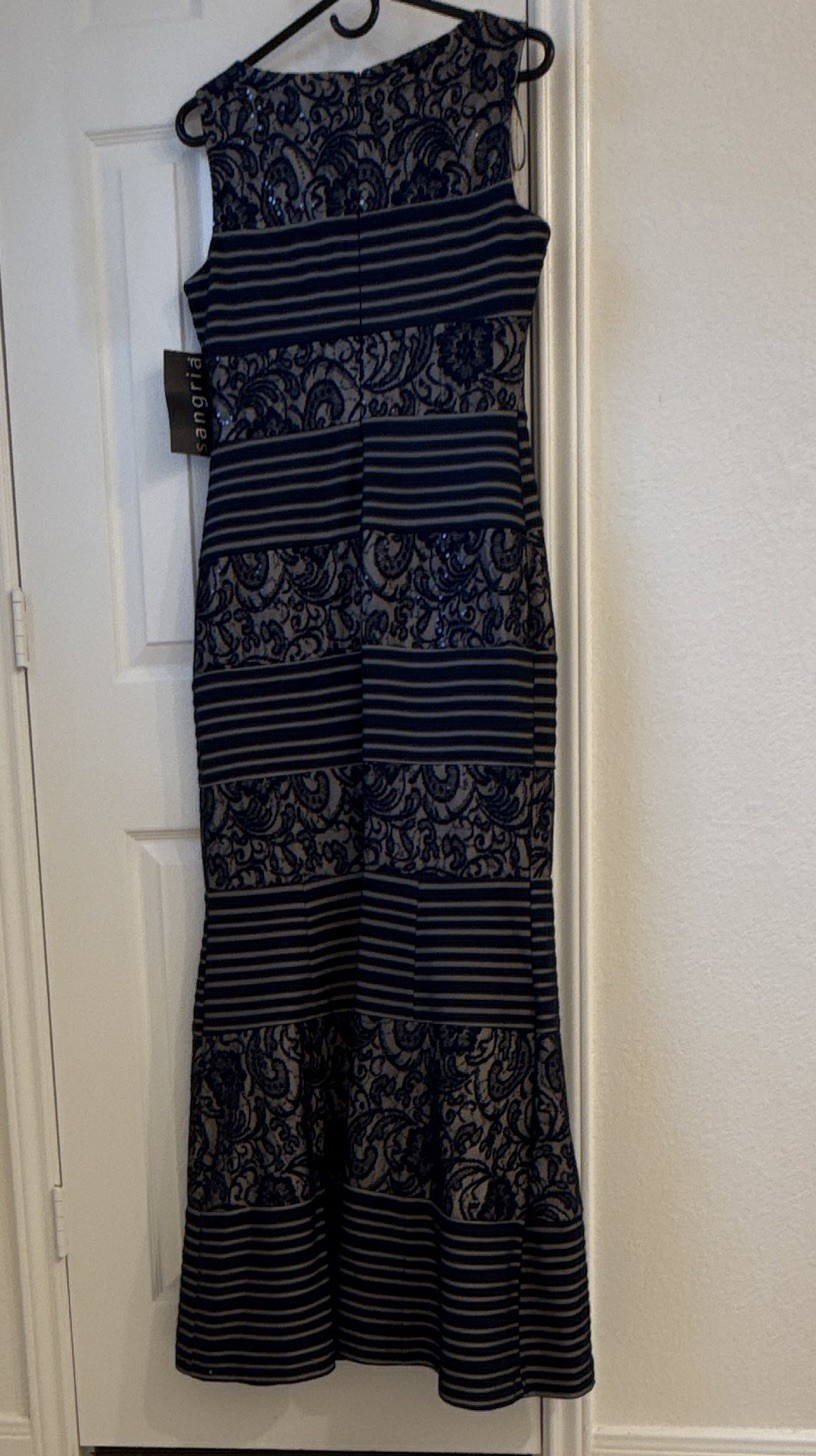 Sangria Navy Lace Sequin Striped Maxi Dress Sleeveless Long Zip Size 8