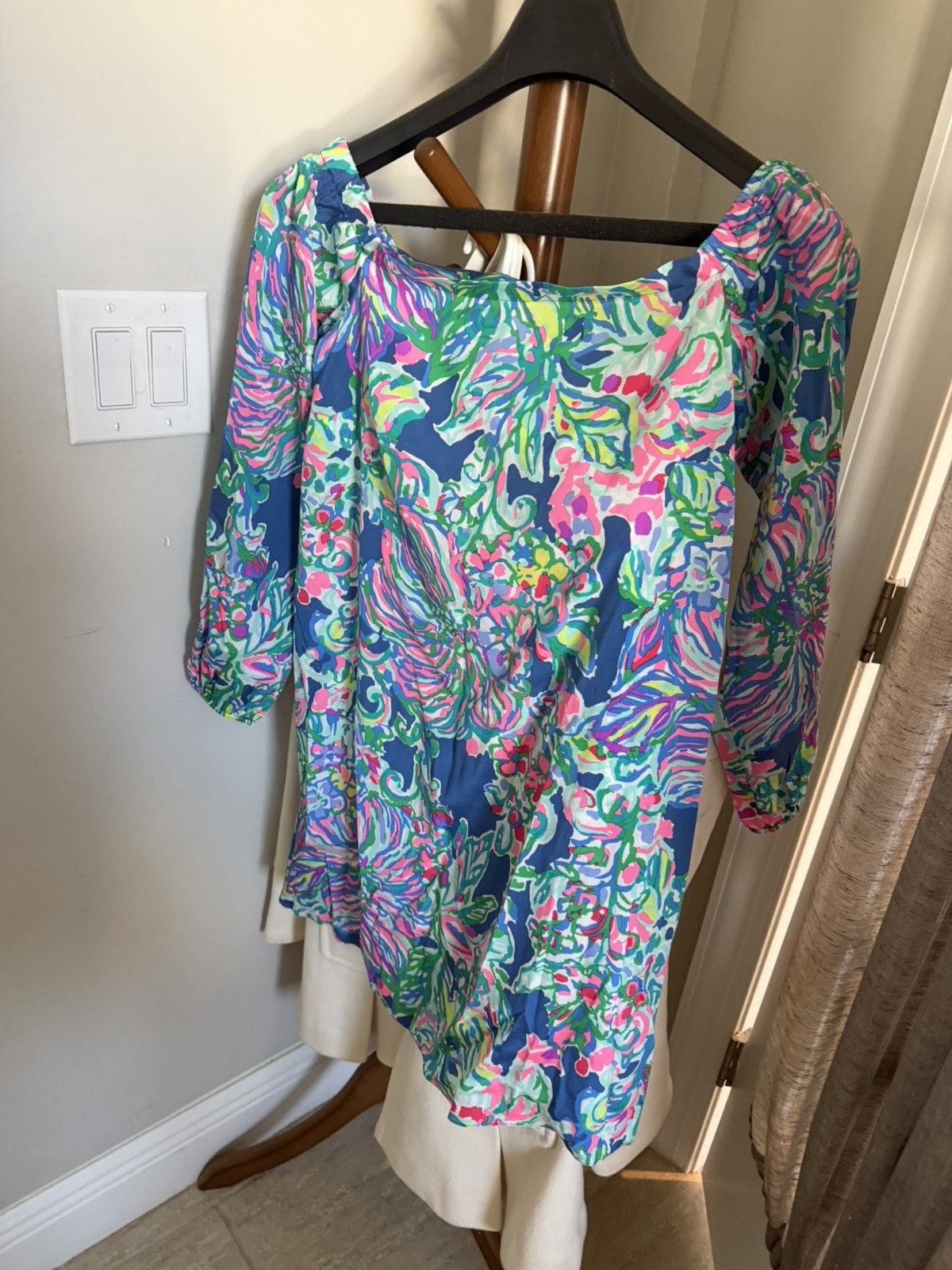 Lilly Pulitzer Adira Silk Off Shoulder Mini Dress Indigo Pink Green Floral Sz M