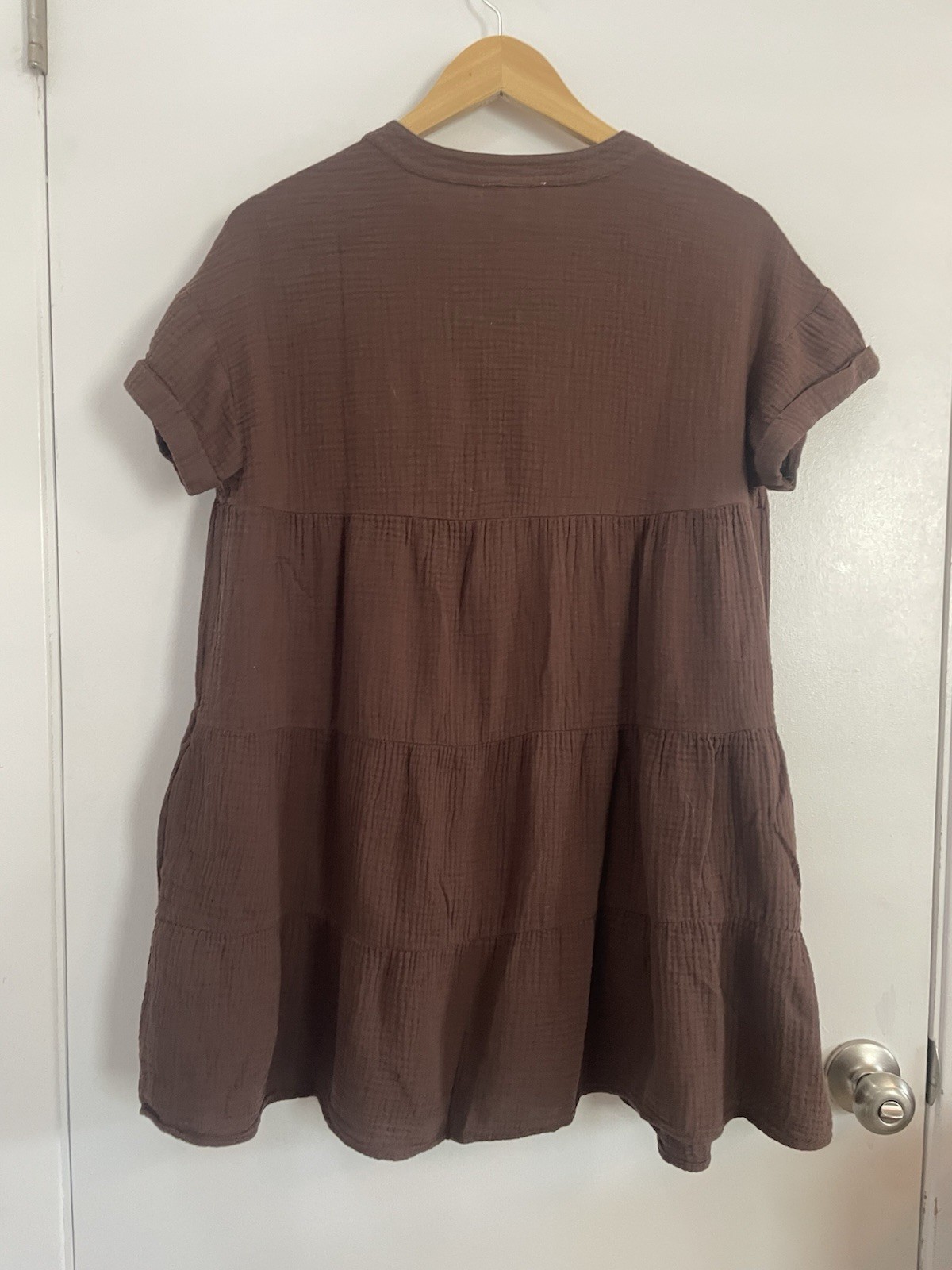 Promesa Mini Dress Crinkle Cotton Brown Women Small Pockets Short Sleeve