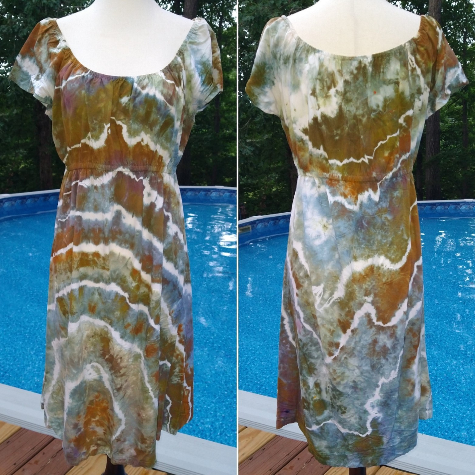 Earth Tones Ice Dye Tie Dye Peasant Style Midi Dress W/ Flutter Sleeves ~ Sz M