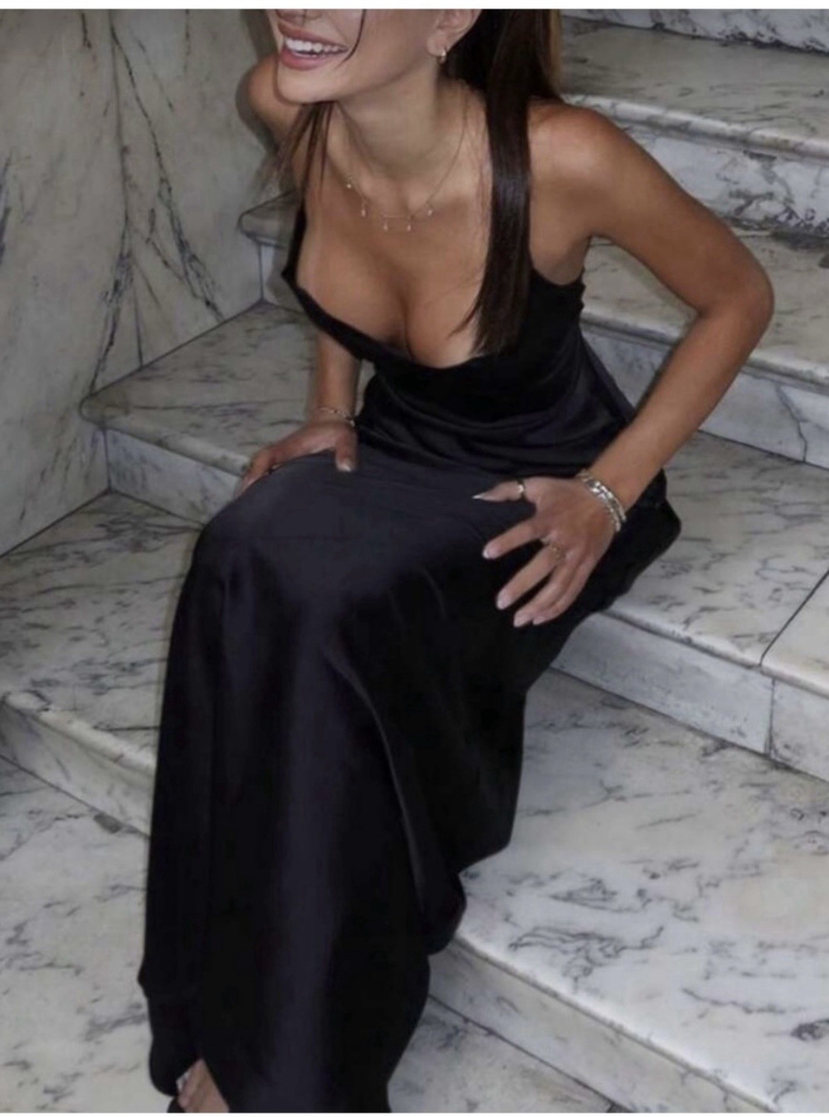 Backless Black Satin Evening Dress with Lace-Up Straps S