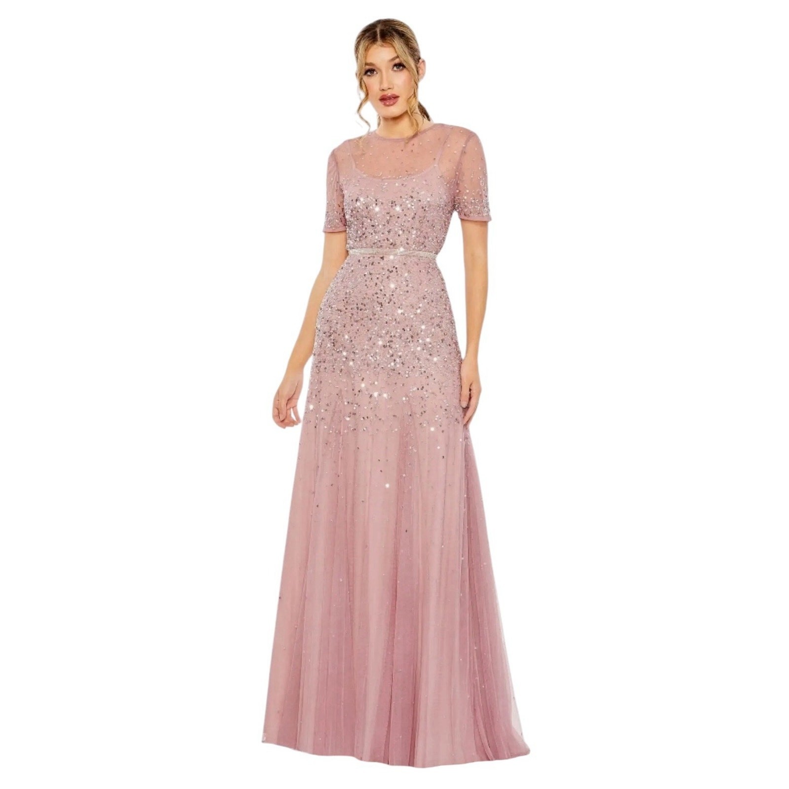 Mac Duggal 93909 Short Sleeve Embellished Tulle Gown Rosewood Size 12 $598