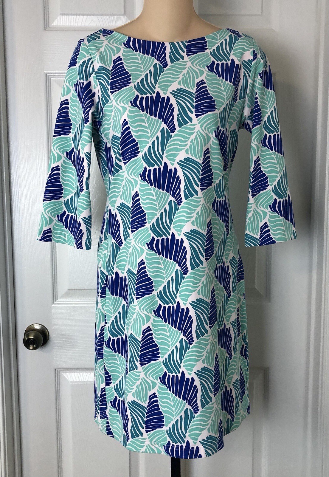 Britt Ryan 3/4 Sleeve Dress Womens XS Blue Green Knee Length Preppy Print