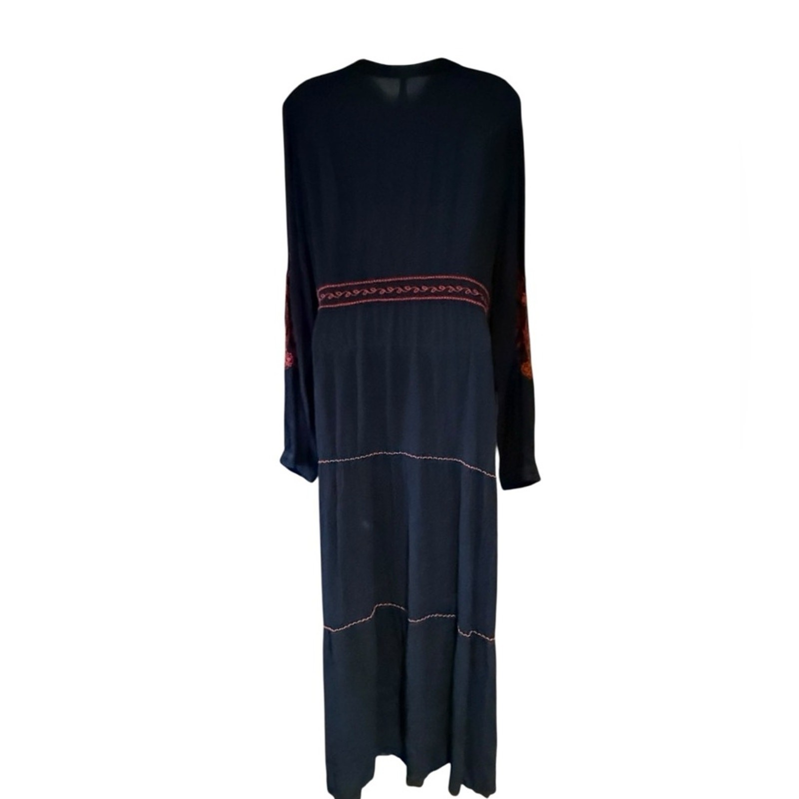 Roper Elegant Black and Red Embroidered Gauze Bohemian Maxi Dress Womens Small