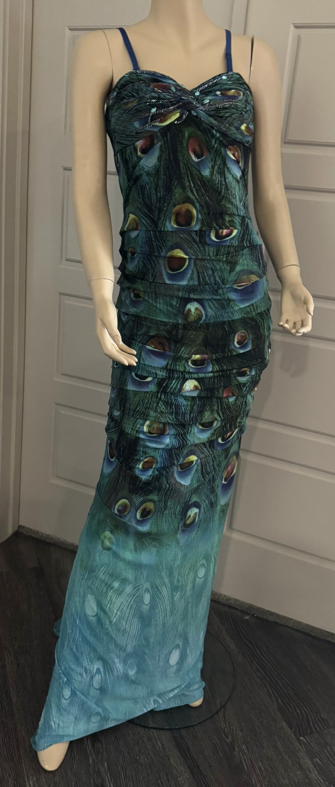 Alberto Makali Strapless Peacock Beaded Gown.-Size 12. (LK#274 A)