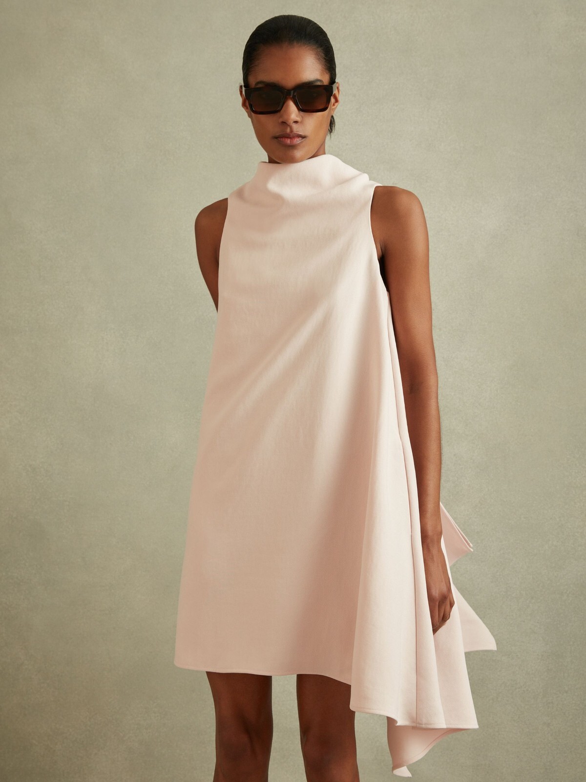 REISS Shauna High Neck Drape Back Mini Dress in Nude/Pink