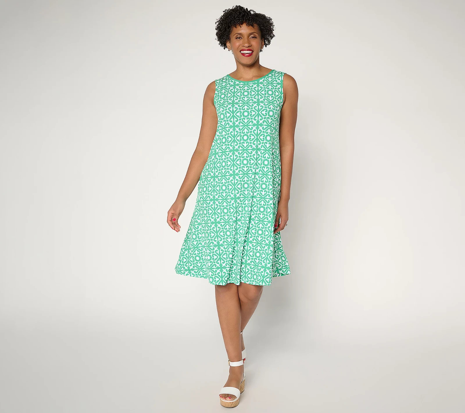 Susan Graver Petite Printed Liquid Knit A-Line Dress with Back Tie