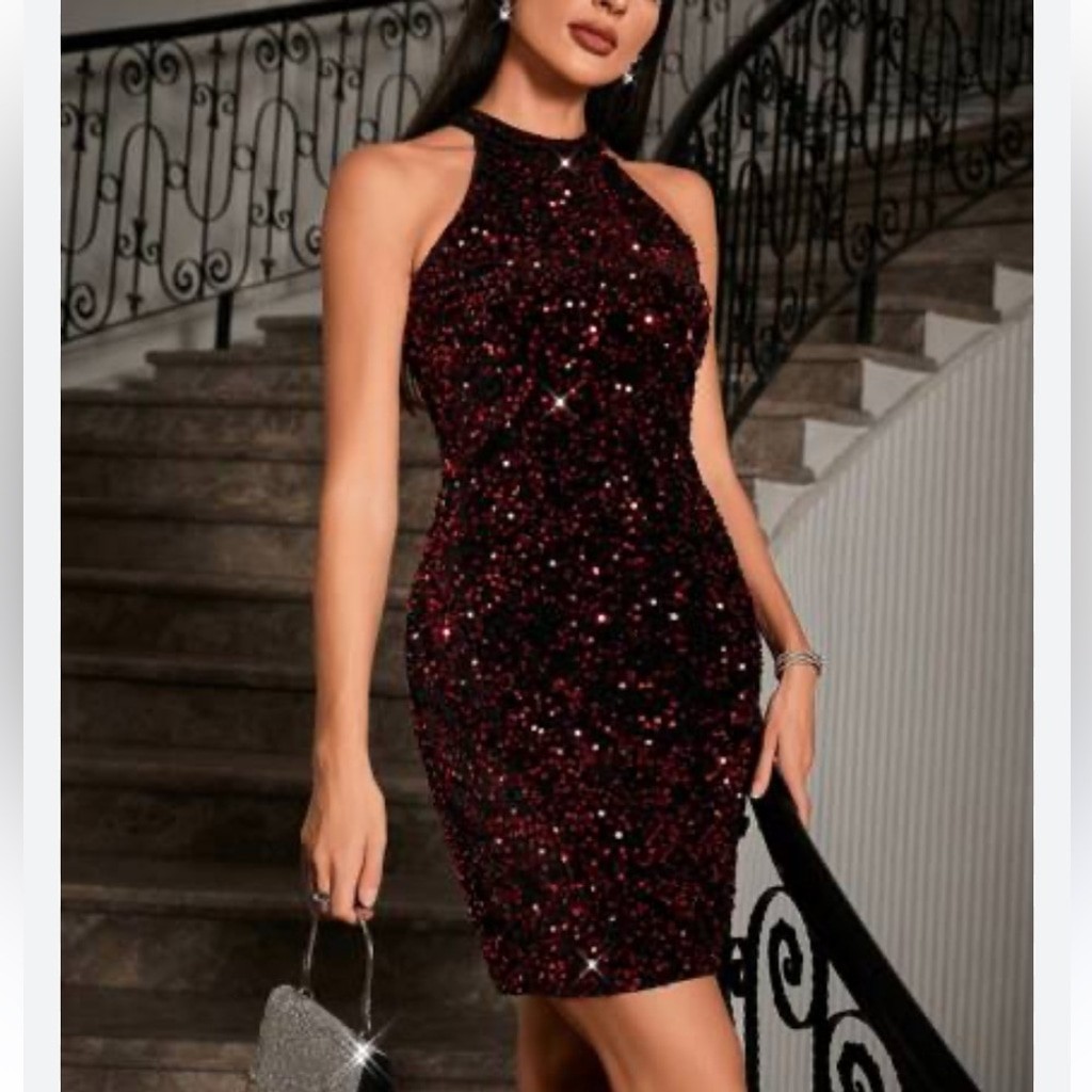 Burgundy Sequin Halter Mini Dress
