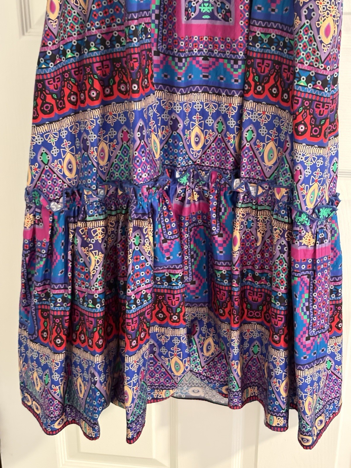 Hunter Bell Palmer Dress Puff Sleeve Midi Multi Talavera Patchwork Sz Small EUC