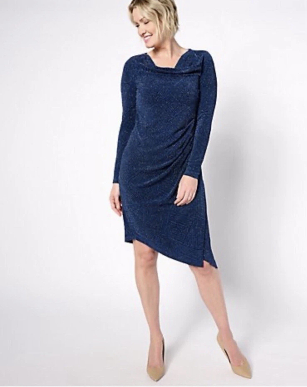 DENNIS by Dennis Basso Blue Glitter Knit Cowl Neck Sheath Dress 2XL