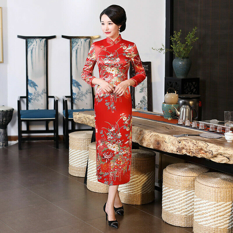 Chinese Long Cheongsam Women Silk Satin Dress Ball Costume S-6XL