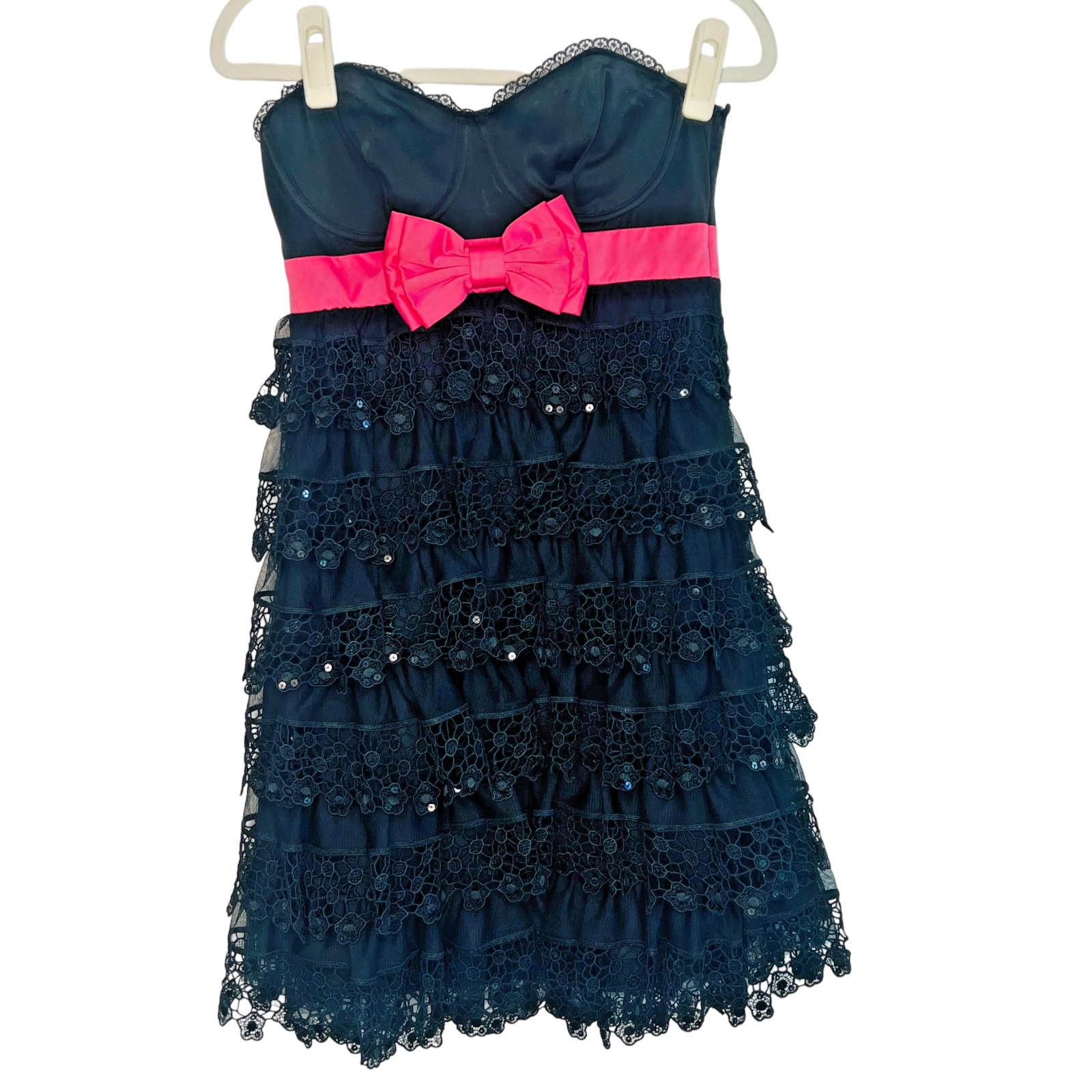 Betsey Johnson Evening Y2K Strapless Dress Size US 4 US 8 Tiered Lace Frill Bow