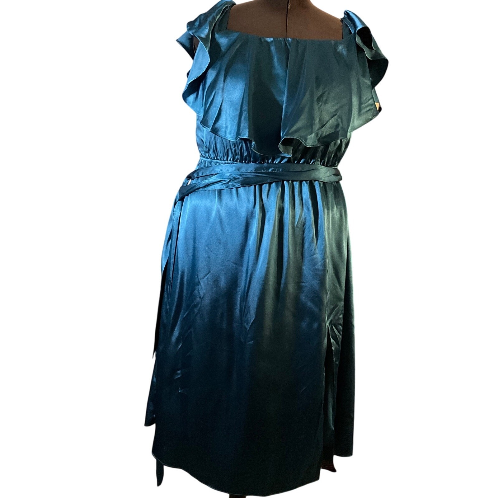 Dark Teal Satin Off Shoulder Ruffle Formal Midi Dress Wedding Guest NWT Plus 3X