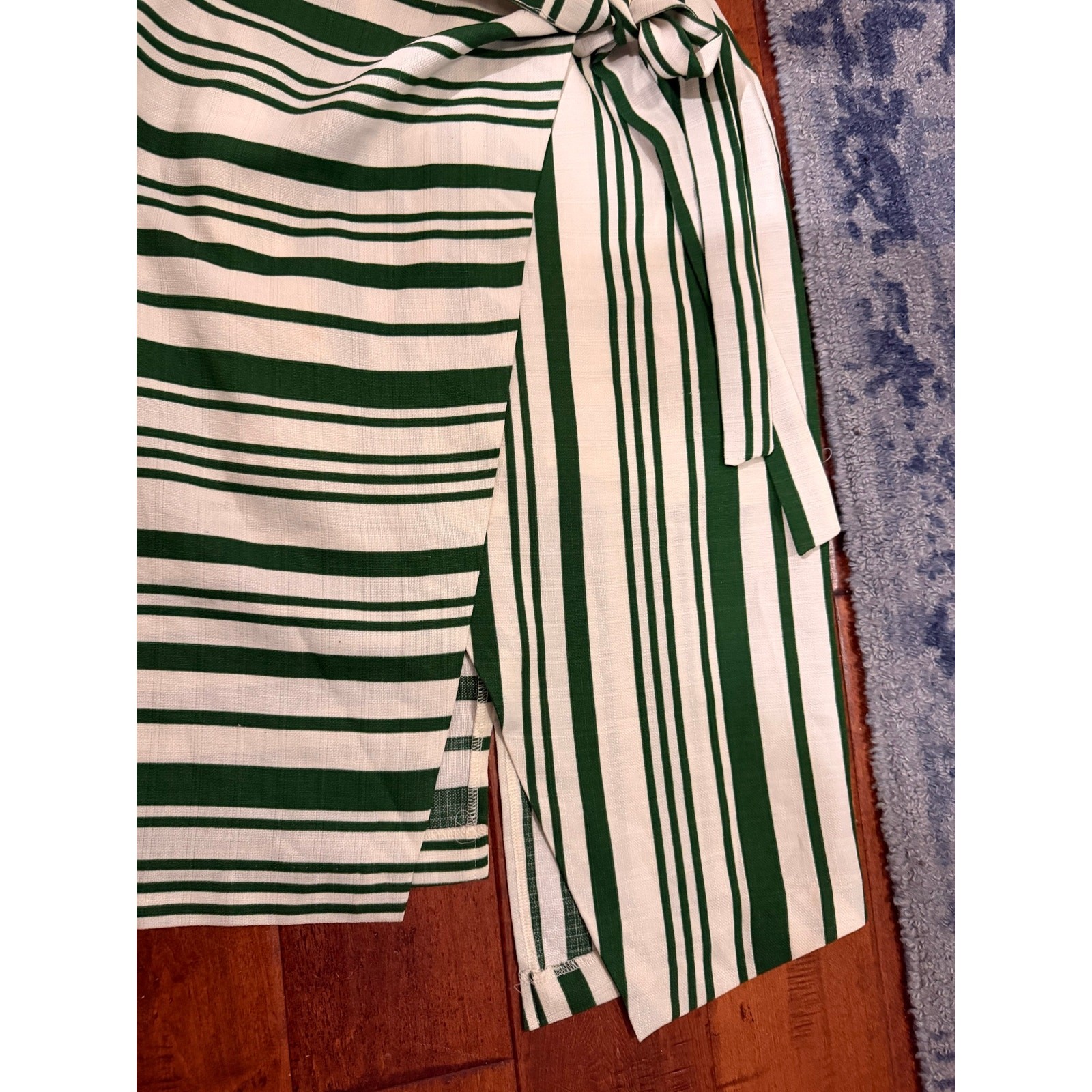 J.O.A. Faustina Green and Cream Striped Midi Wrap Dress.