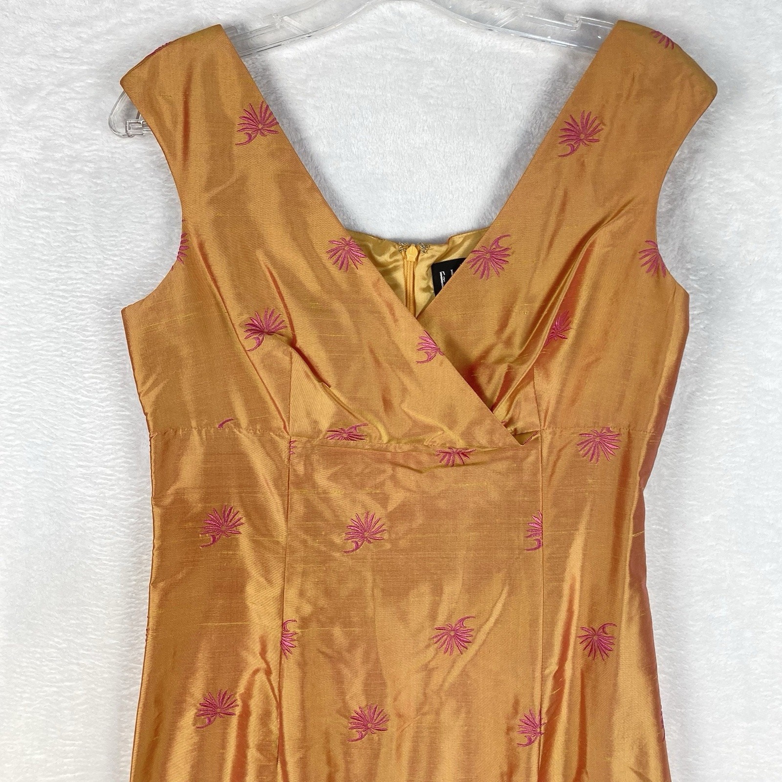 Finity Dress Womens 6 Orange Pink Midi Silk Embroidered Empire Waist Summer Y2K