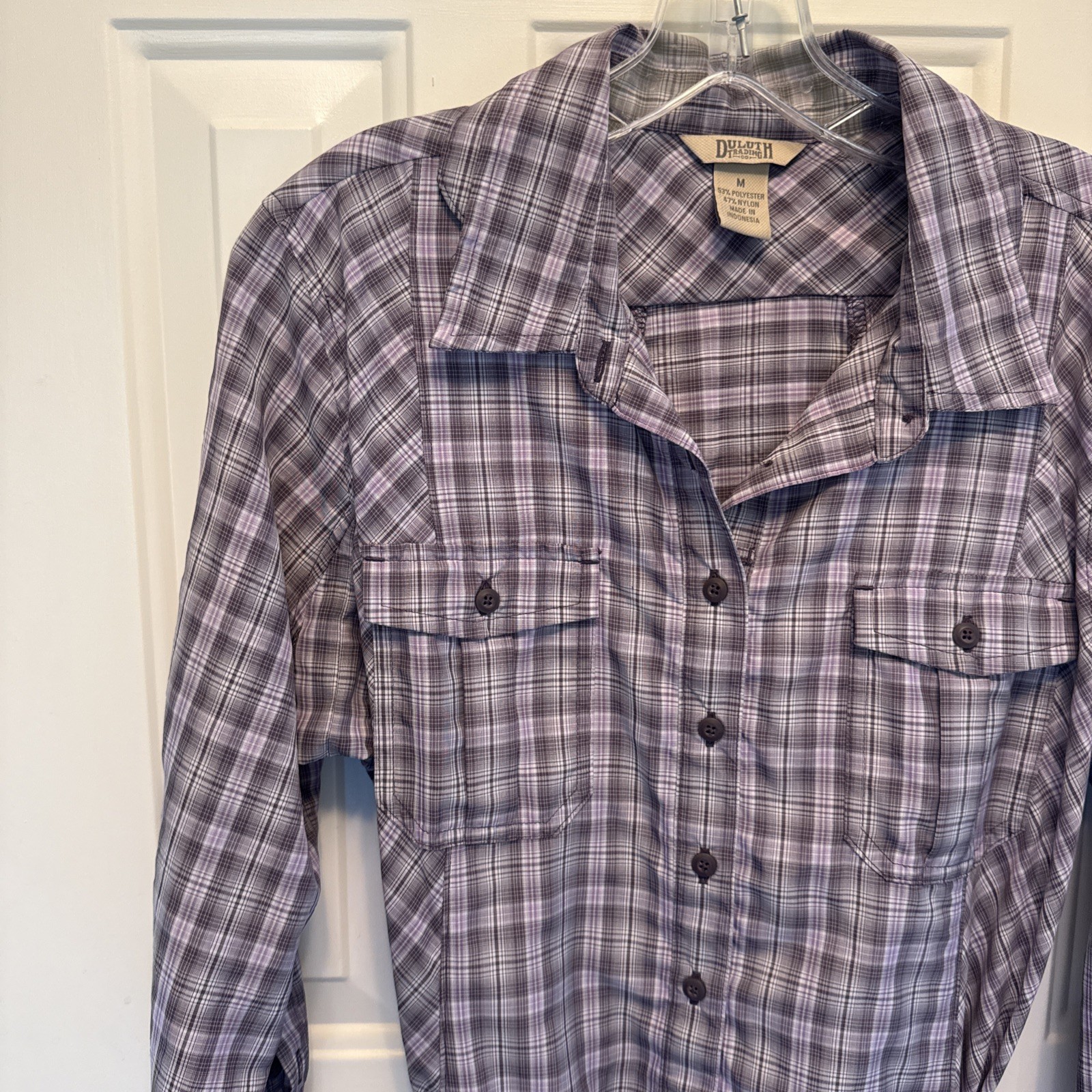 Duluth Purple Plaid Button-Down Shirt Dress Tie Pockets Size M polyester nylon