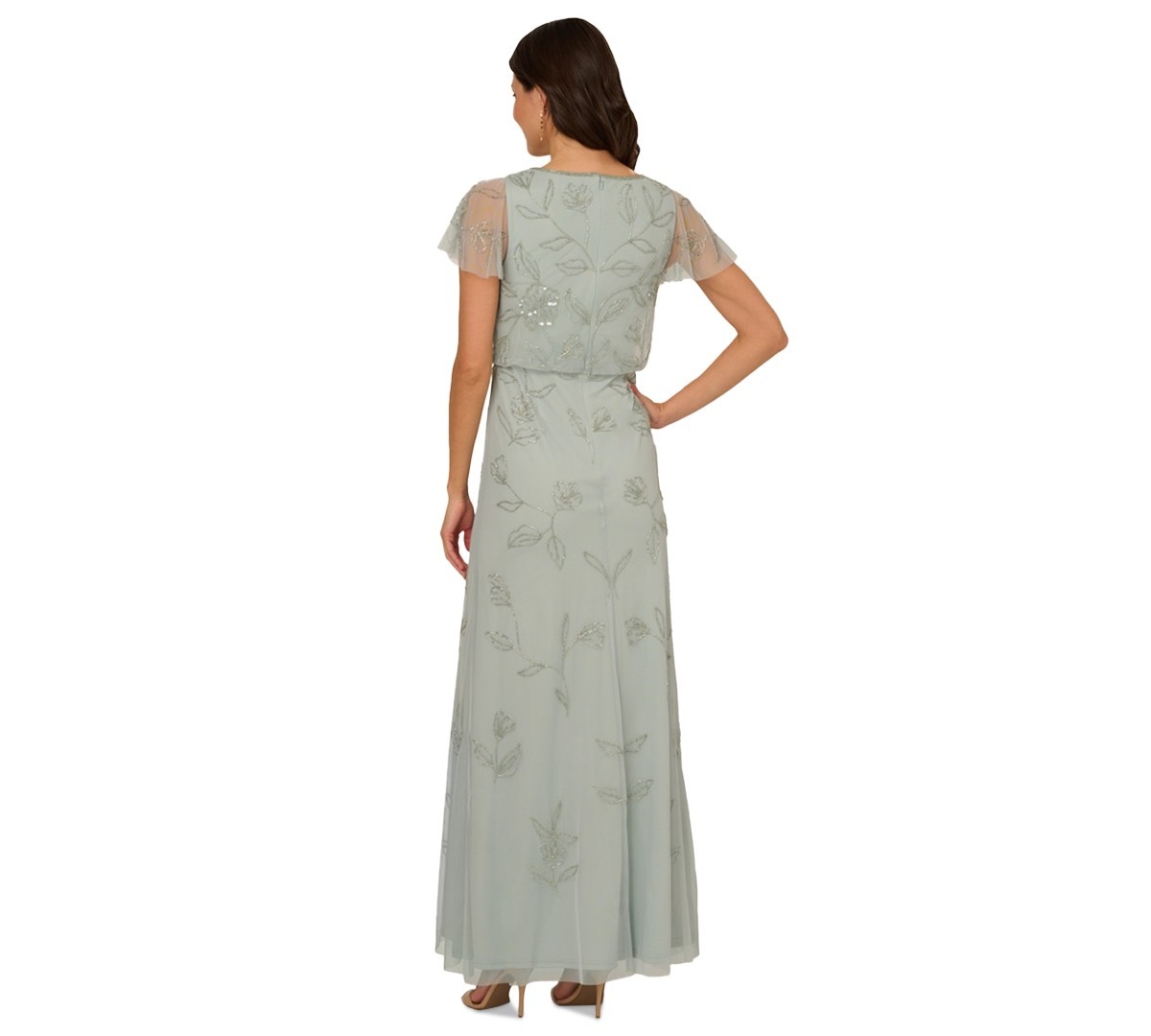 Adrianna Papell Beaded Sequin Gown 8 Aqua Blue Flutter Sleeve Blouson NWT $169