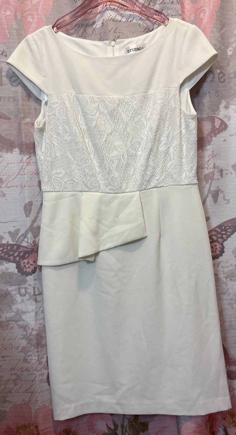 STUDIO I Women’s 12 Off White Lined Front Lace Detail Sheath Dress Back Zipper *
