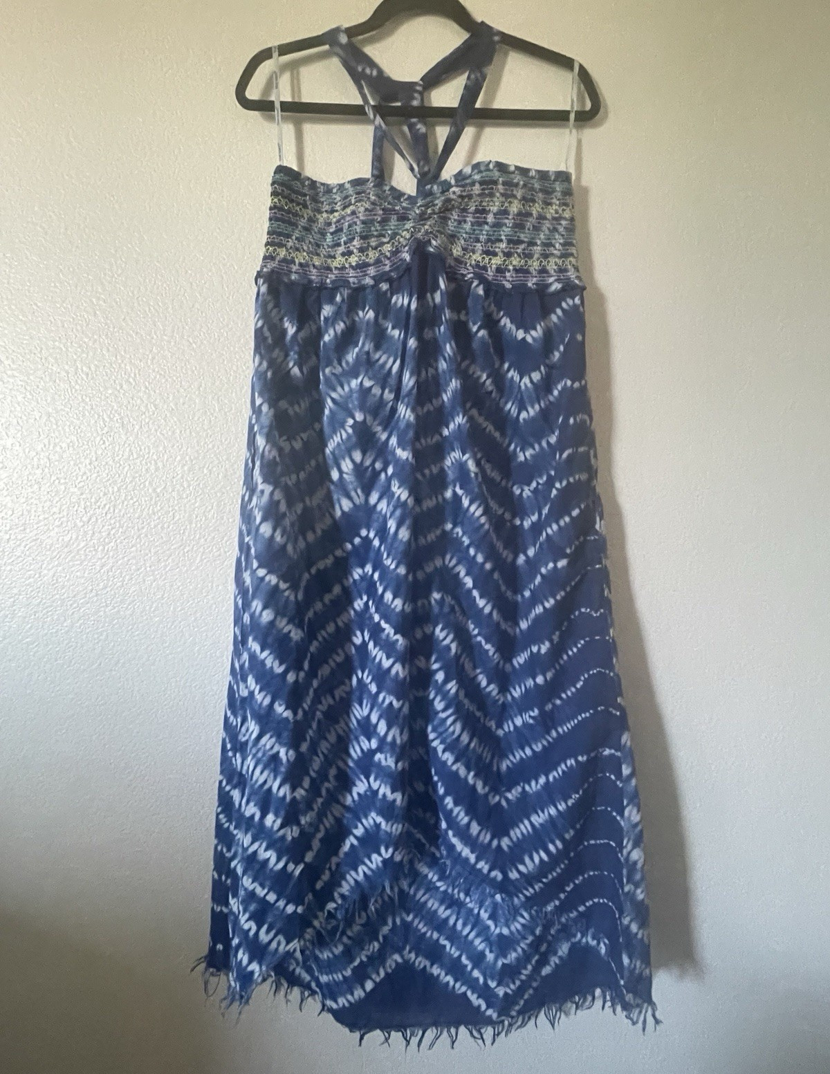 Blue Island One Size Blue/White Tie Dye Midi Sundress Smocked Beaded Fringe