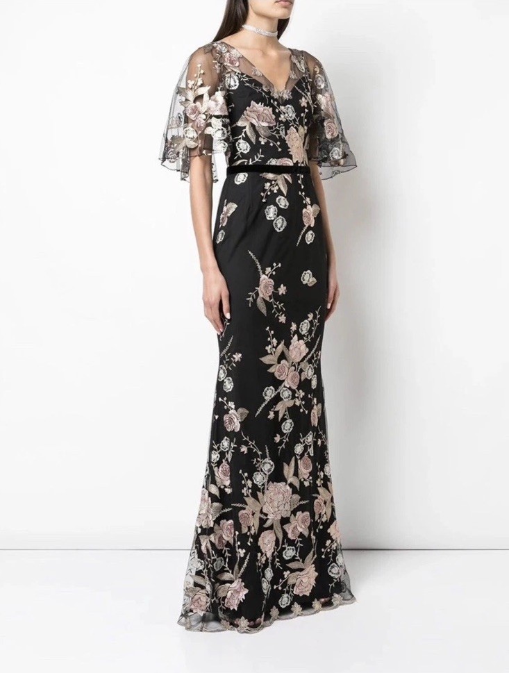 Marchesa Notte Floral Embroidered Gown Black Gold Pink Sheer Cape Sleeve Size 10